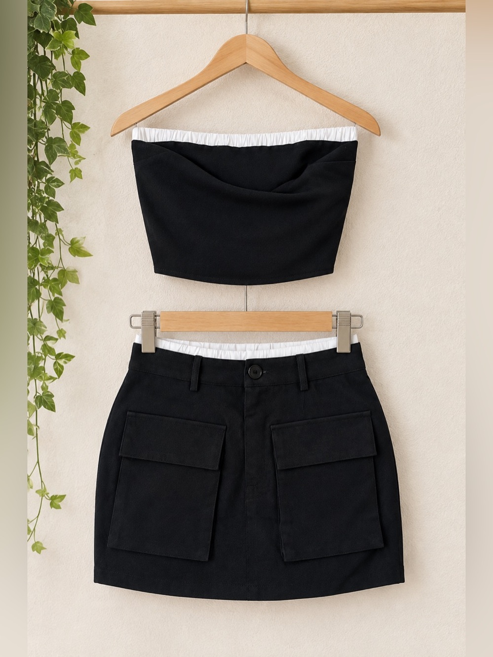 Black Cargo Skirt with White Trim Halter Crop Top - Women's